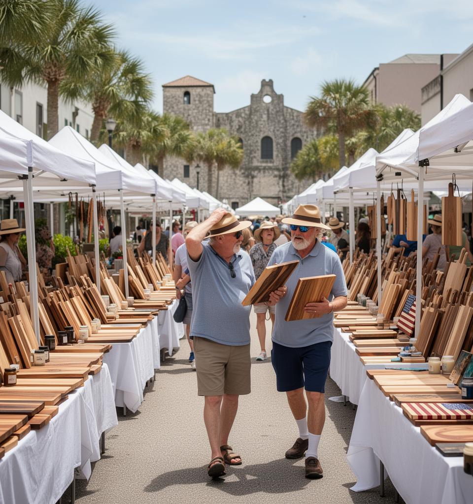 Satirical illustration concept of a bustling farmers market dominated by stalls overflowing with various wooden cutting boards, American flag wood signs, and resin art, with only a tiny, forlorn vegetable stall in the background.