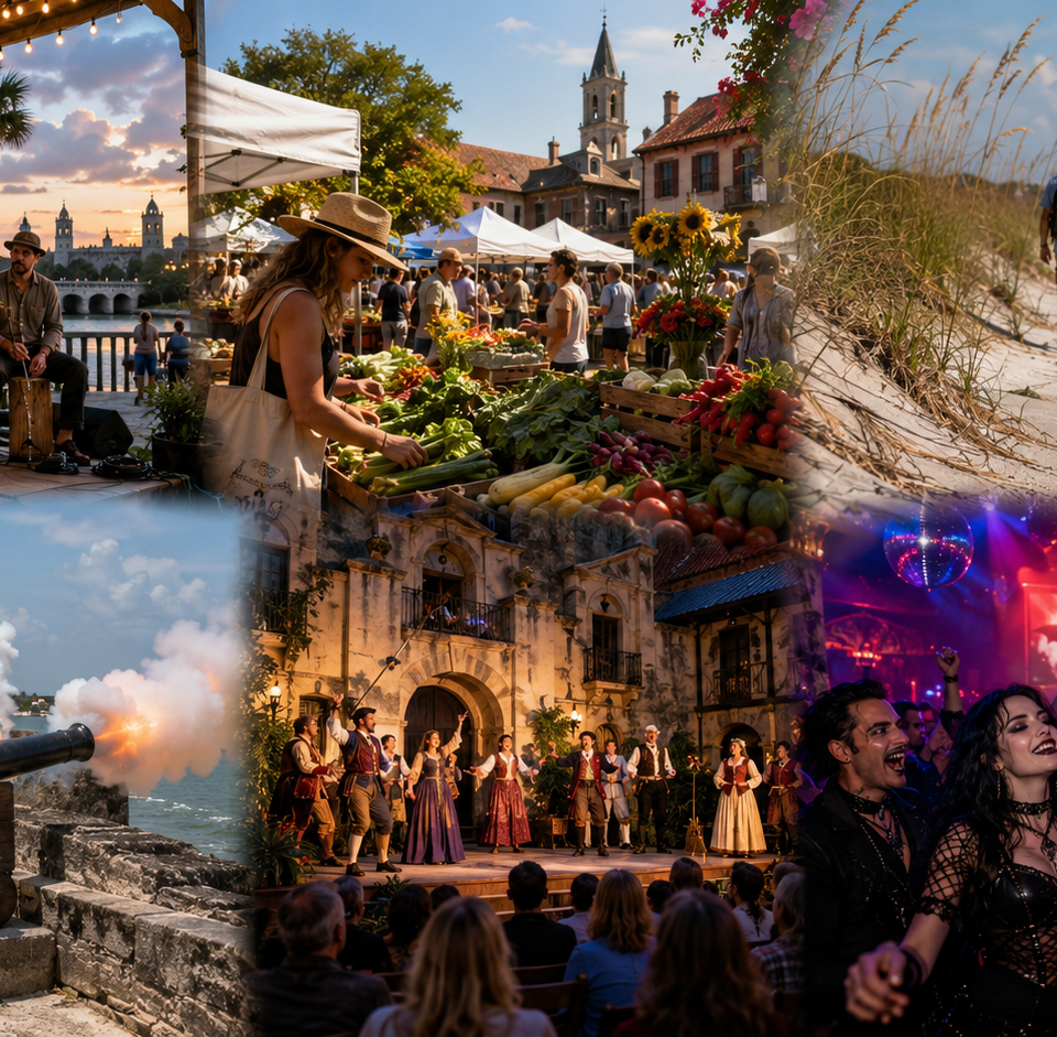 Collage-style image representing St. Augustine weekend events including live music, farmers market, beach exploration, historic cannon demonstrations, and local performances.