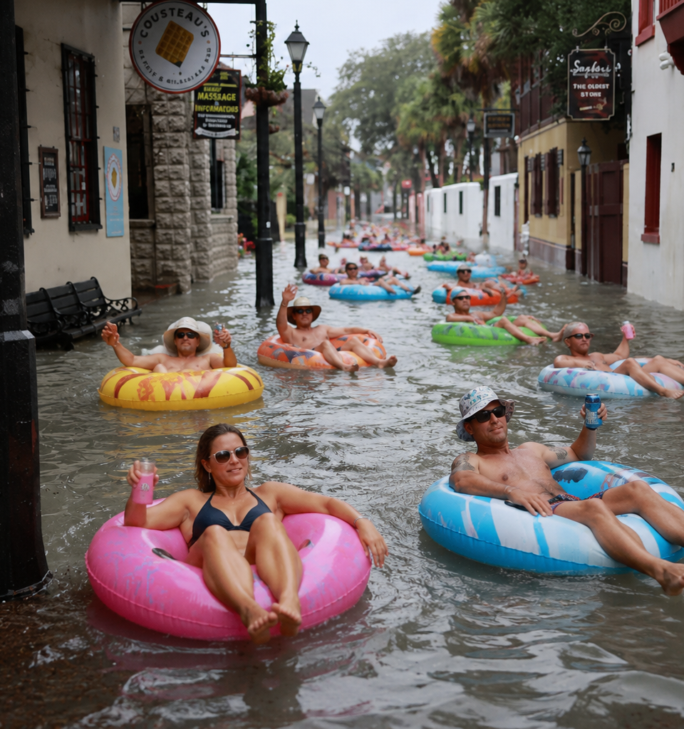 man kayaking downtown st augustine while it is flooded