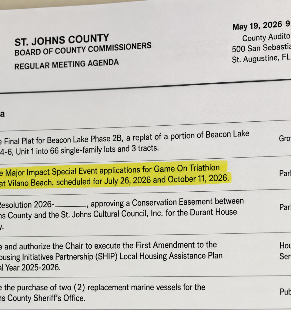 St. Johns County agenda item showing proposed Game On Triathlon events at Vilano Beach after recent backlash over Ironman traffic delays.