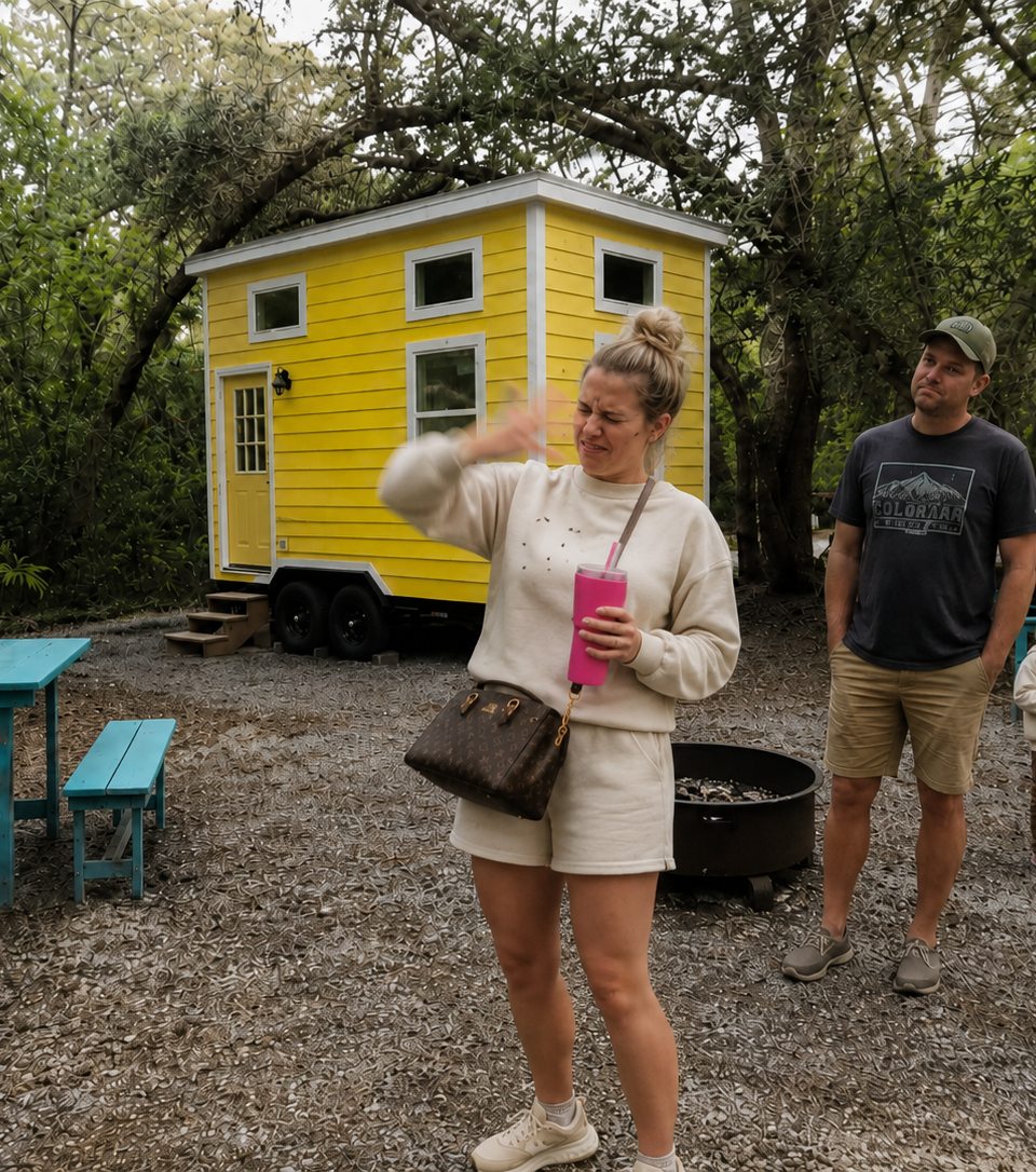 Glamping bungalow at Anastasia State Park in St. Augustine, Florida, surrounded by trees and coastal scenery.