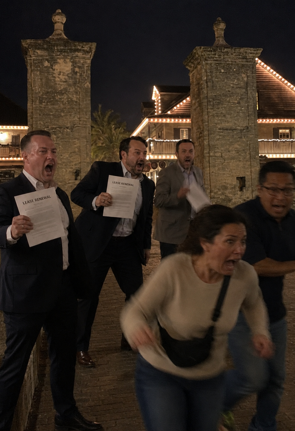 At night in St. Augustine, several men in business suits hold lease renewal papers and yell while terrified residents run away near a historic stone entrance.