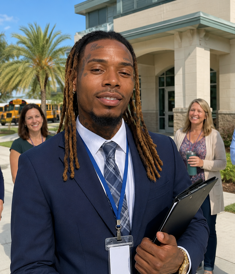 A professionally dressed man posing outside a Florida school campus with staff members and school buses in the background.