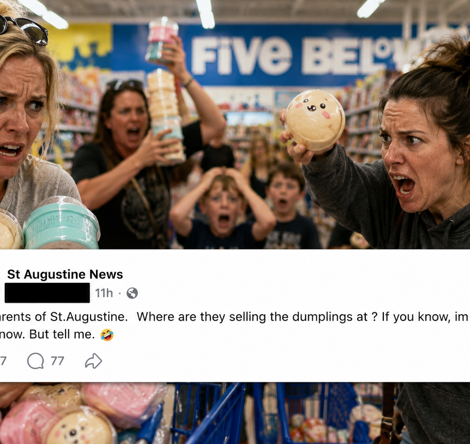 AI-generated editorial image showing stressed parents in a toy aisle searching for squishy dumpling toys, with a censored Facebook post about St. Augustine dumpling sightings overlaid.
