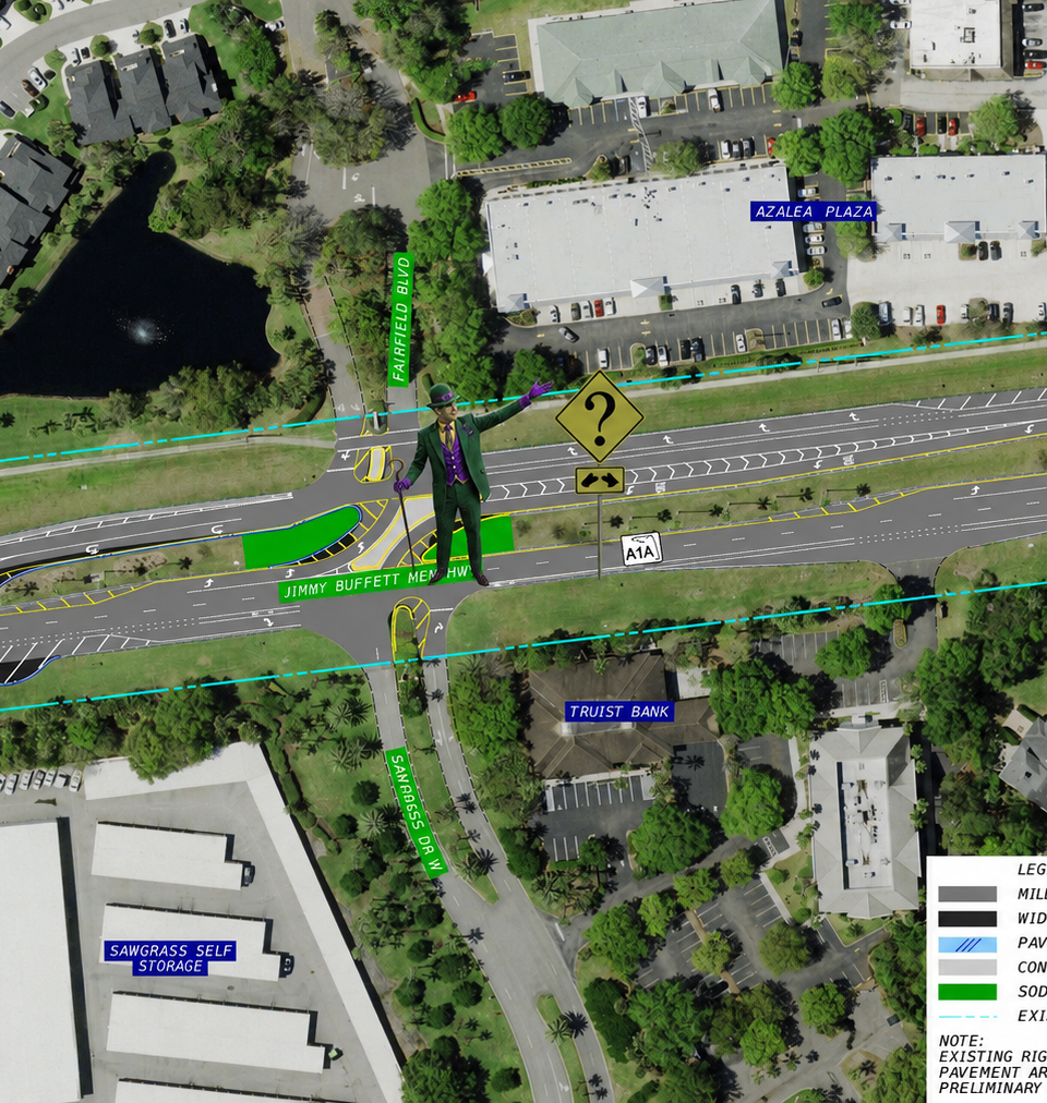 Satirical aerial FDOT-style road diagram of SR A1A near Fairfield Boulevard with a green-suited riddle character standing in the intersection beside question-mark traffic signs.