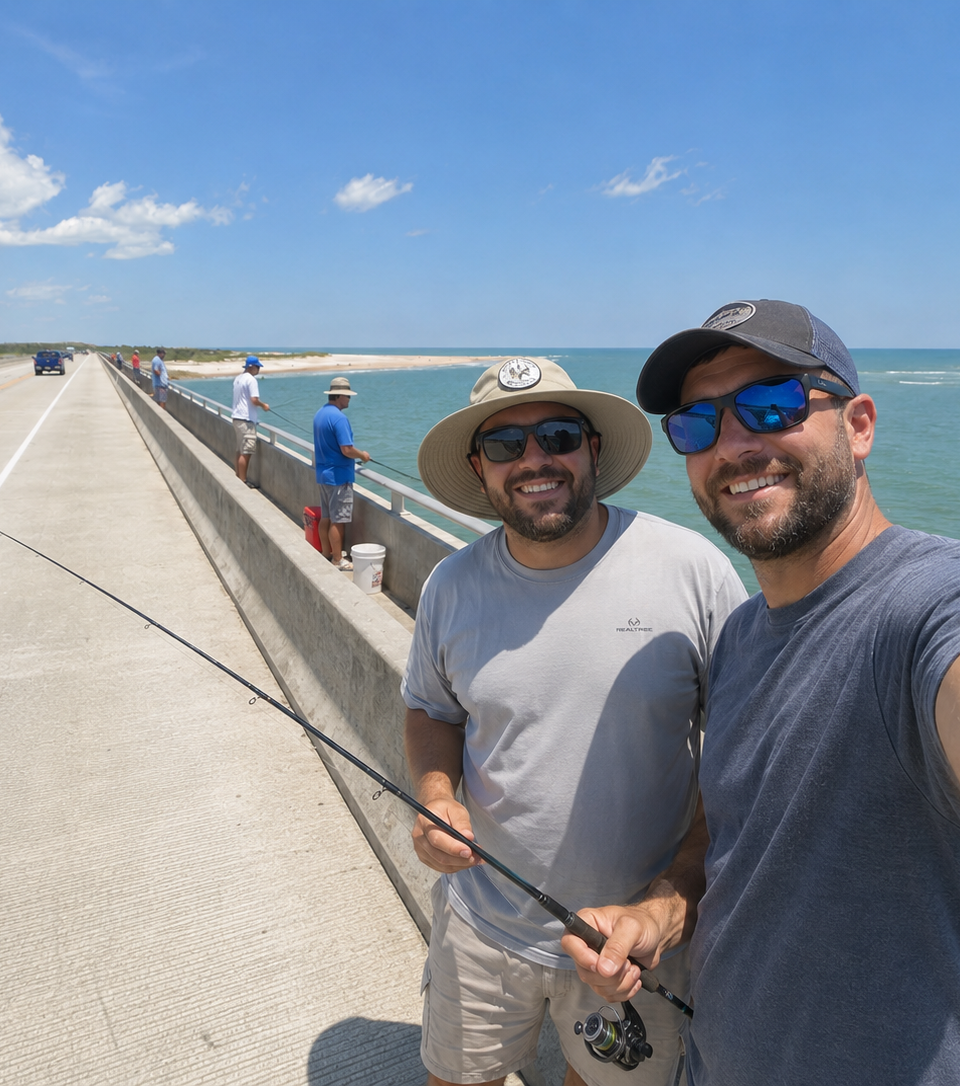 People on Matanzas inlet bridge fishing off the bridge. ai generated.