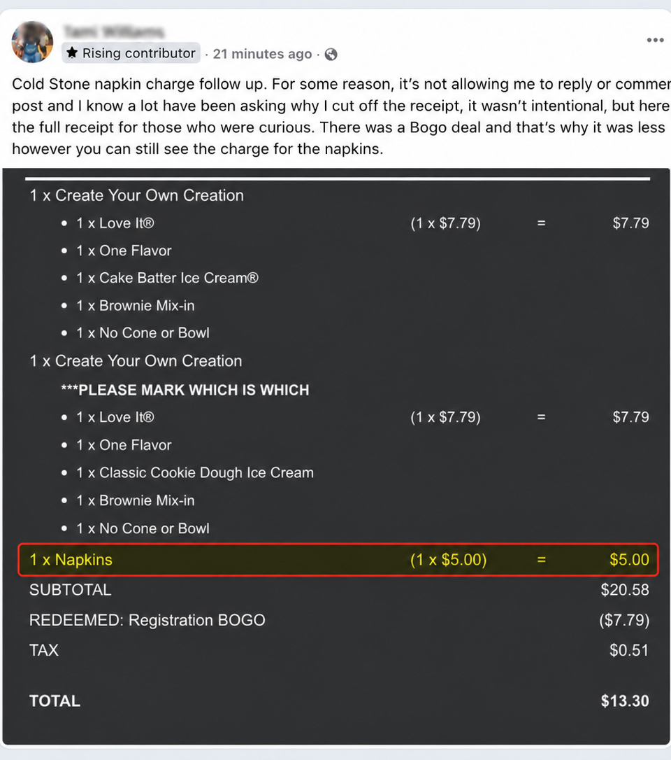 Screenshot of a Facebook post showing a Cold Stone receipt with a $5 napkin line item.