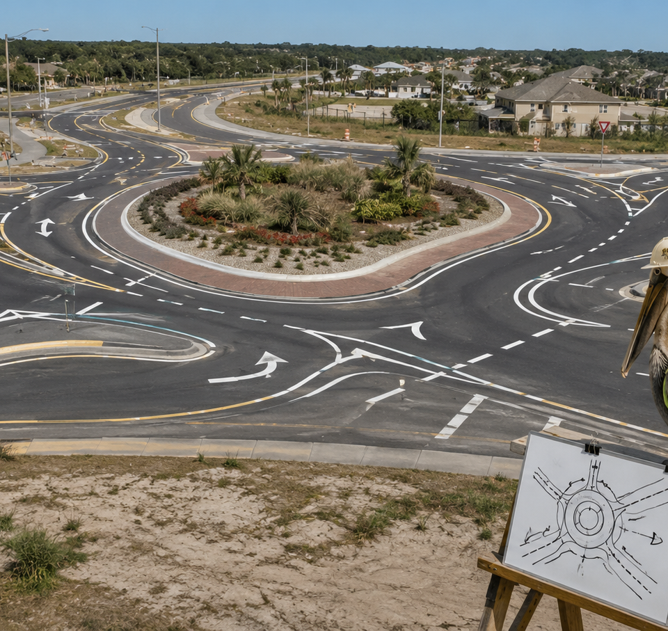 Satirical ai generated image of a pelican in a hard hat looking out over a crazy roundabout.