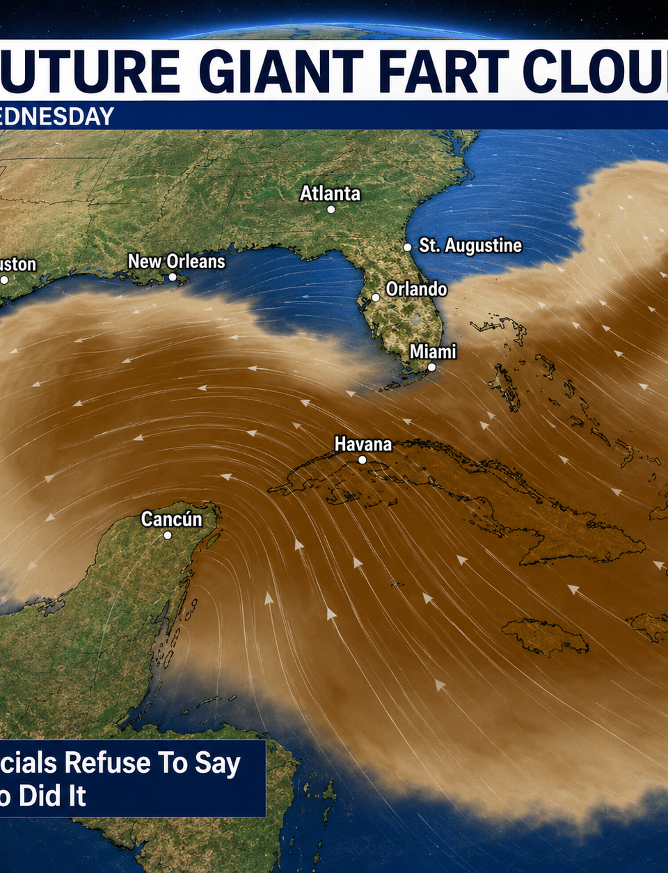 Ai generated satire image of radar showing brown dust cloud sweeping across the globe.