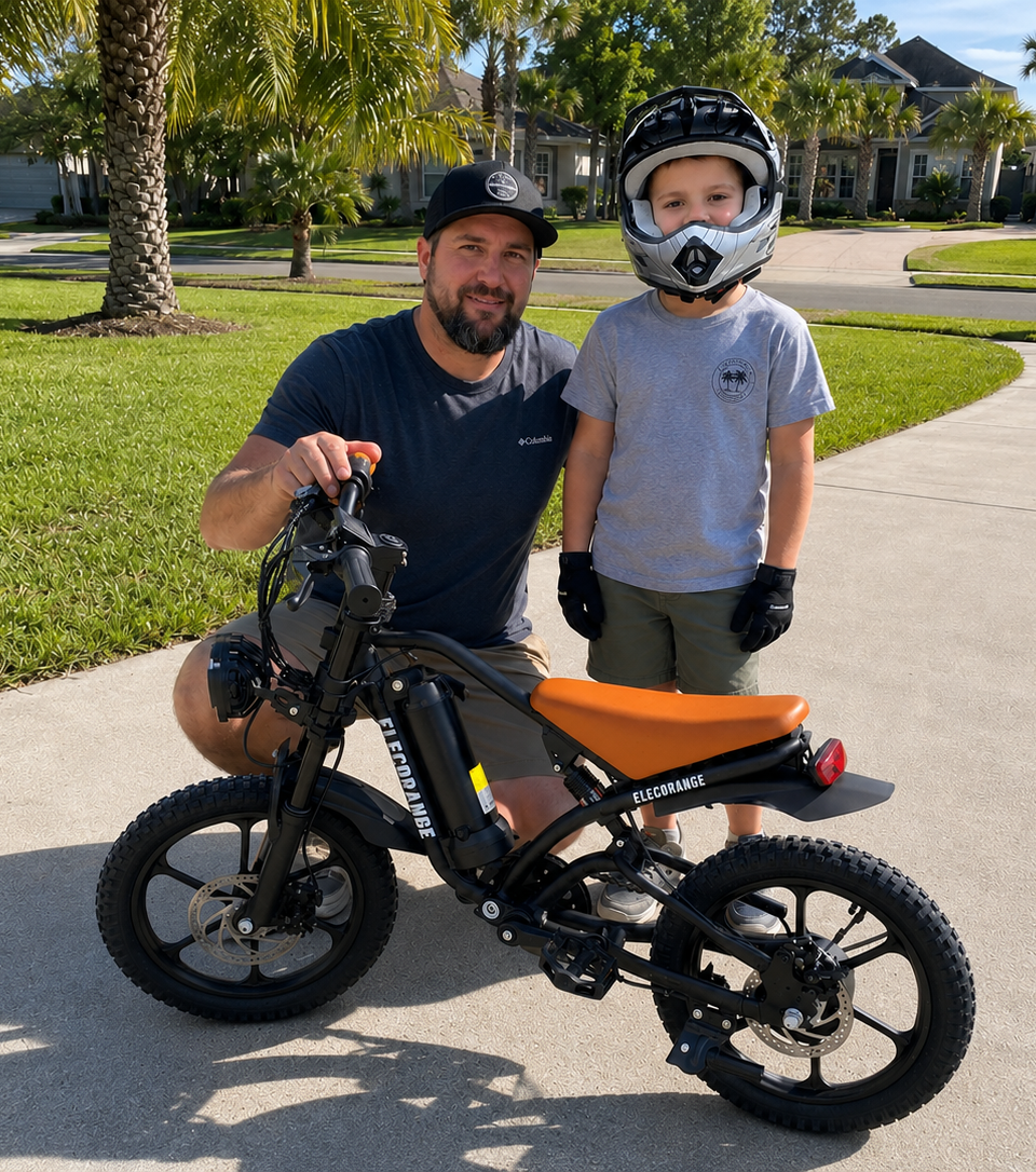 A father and young child pose in a sunny St. Johns County neighborhood beside a small black e-bike with an orange seat, used for a satire article about high-speed kids’ e-bikes being called “basically bicycles.”