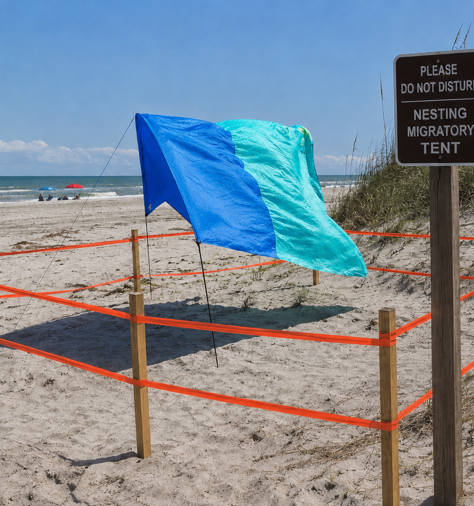 Ai generated image of a beach tent abandoned on the beach surrounded by caution markers..