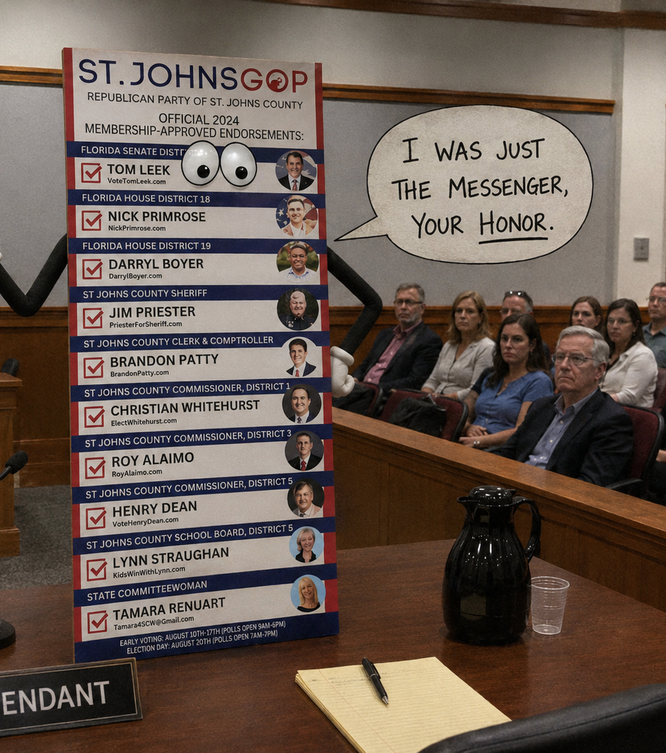 ai-generated image of a fake voter guide making his case inside st. johns county courtroom.