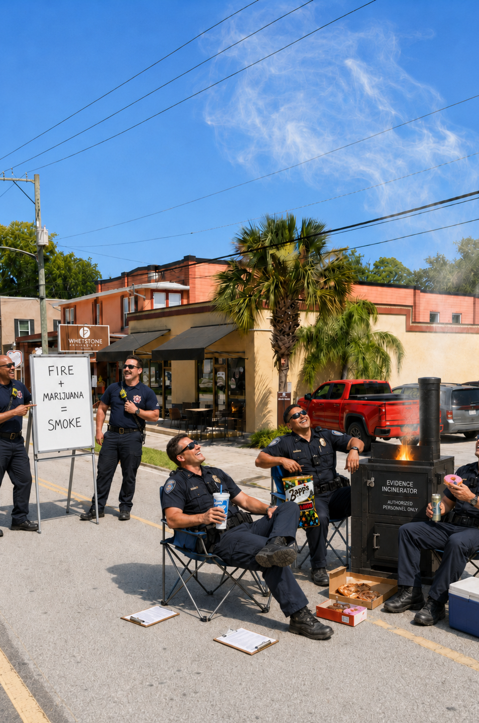 Satire ai generated image of st augustine police burning evidence while firefighters watch.