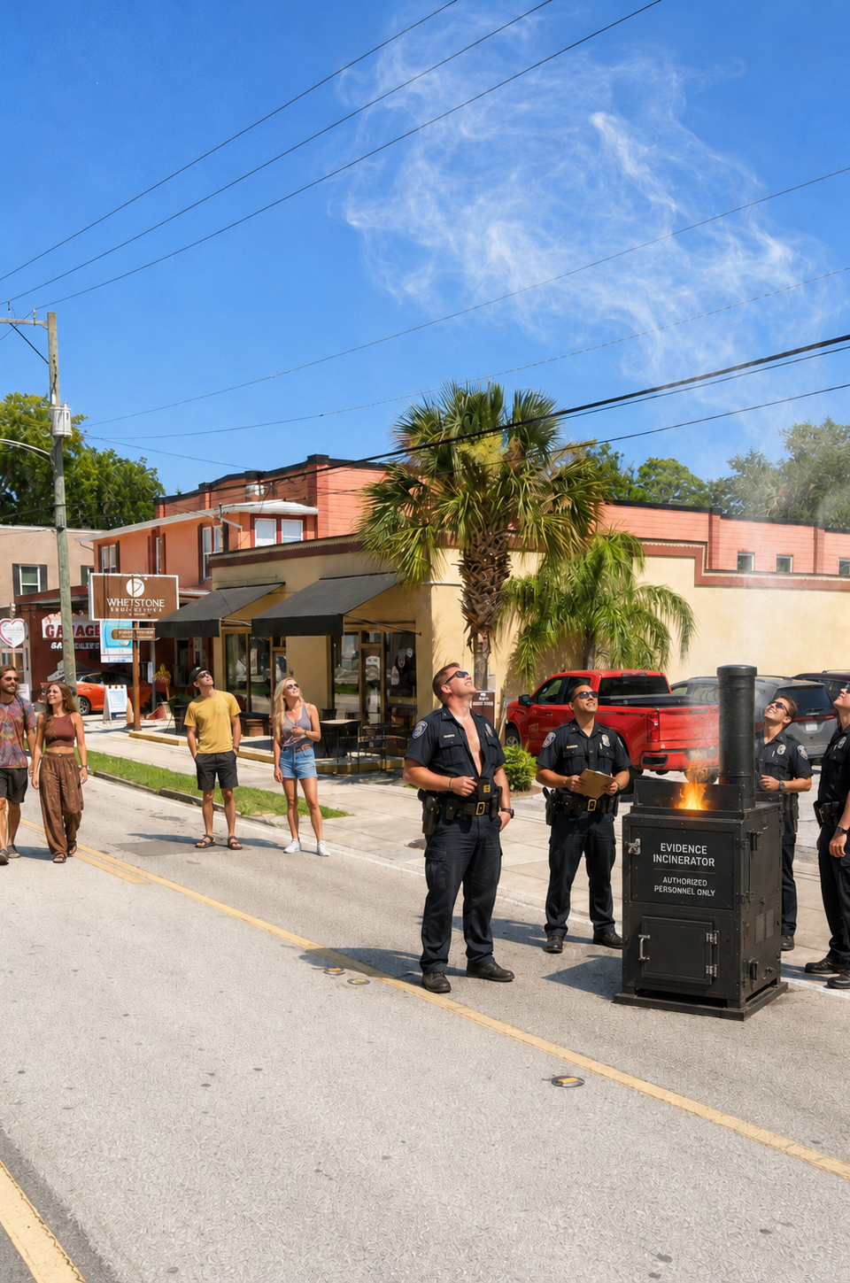 Satire image of St. Augustine police burning marijuana evidence while smoke drifts on King Street.