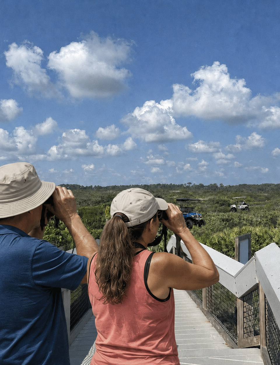 two bird watchers standing in a reserve near nocatee looking out at golf carts in the trees