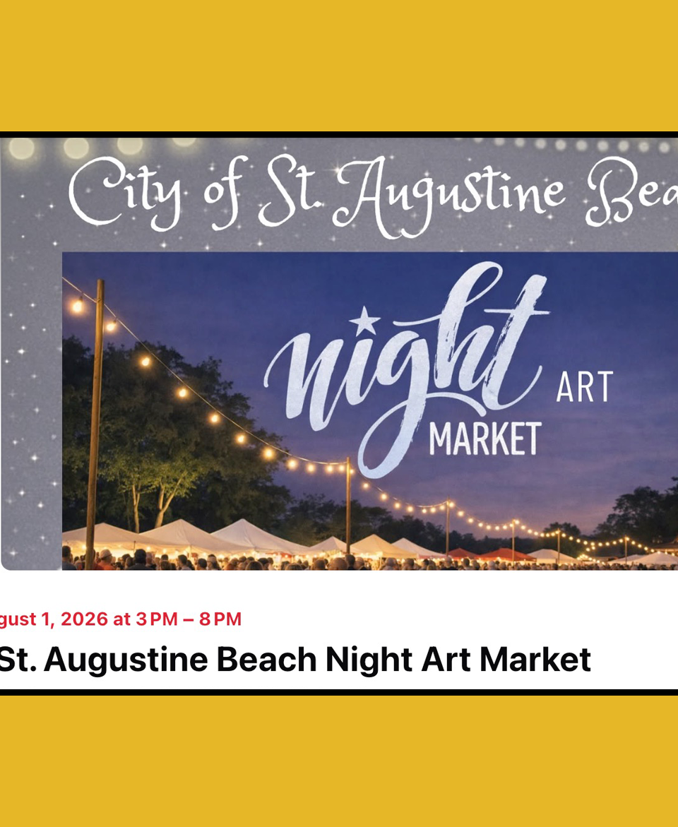 Facebook event listing for the City of St. Augustine Beach Night Art Market, scheduled August 1, 2026, from 3 to 8 p.m.