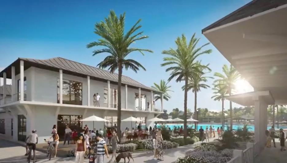 Architectural rendering of Beachwalk showing crowded restaurant patios, palm trees, retail buildings and pedestrians beside the Crystal Lagoon.