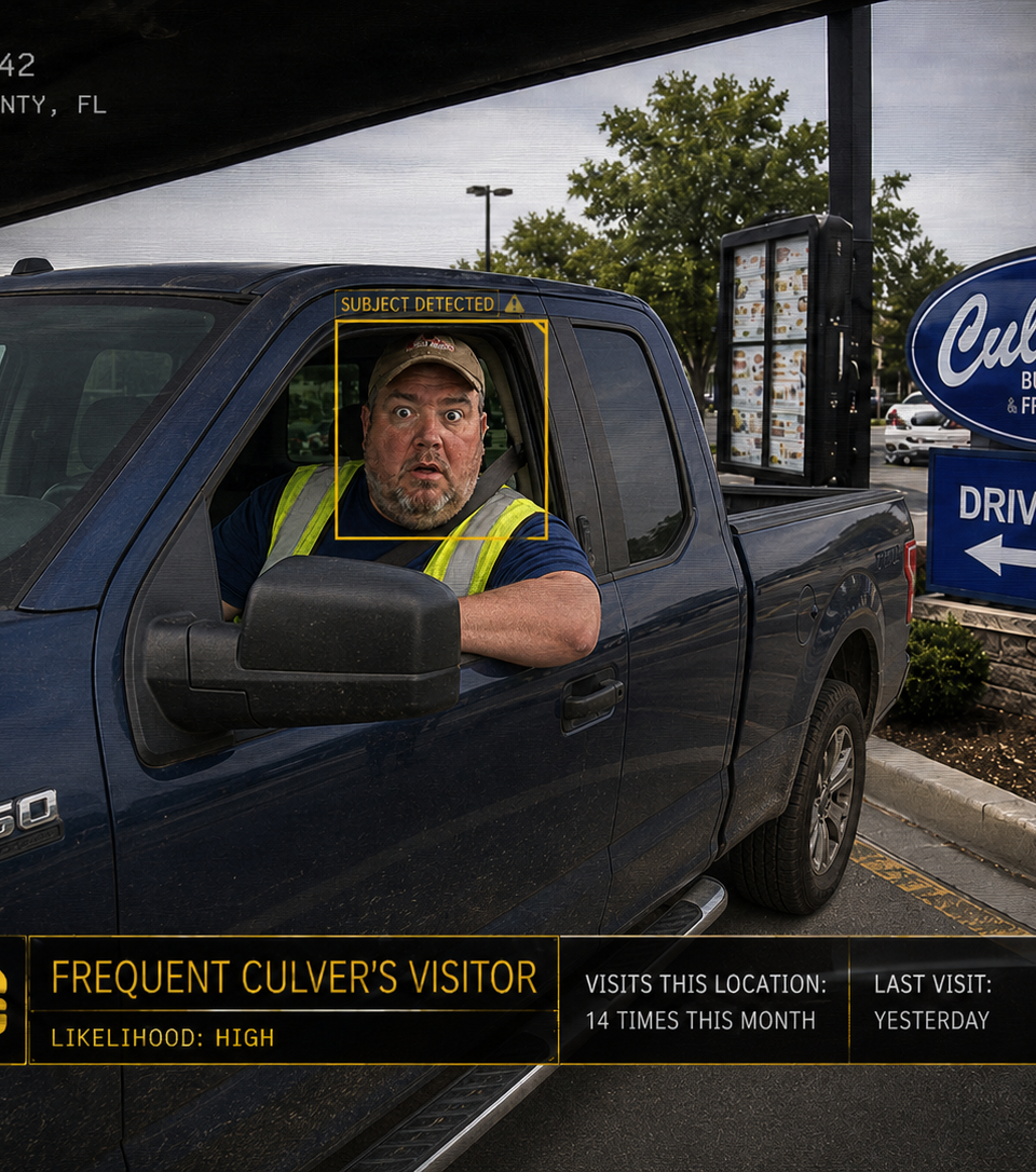 Satirical surveillance-camera view of a surprised man in a high-visibility vest driving past a Culver’s sign, with an AI detection box labeling him a frequent visitor.