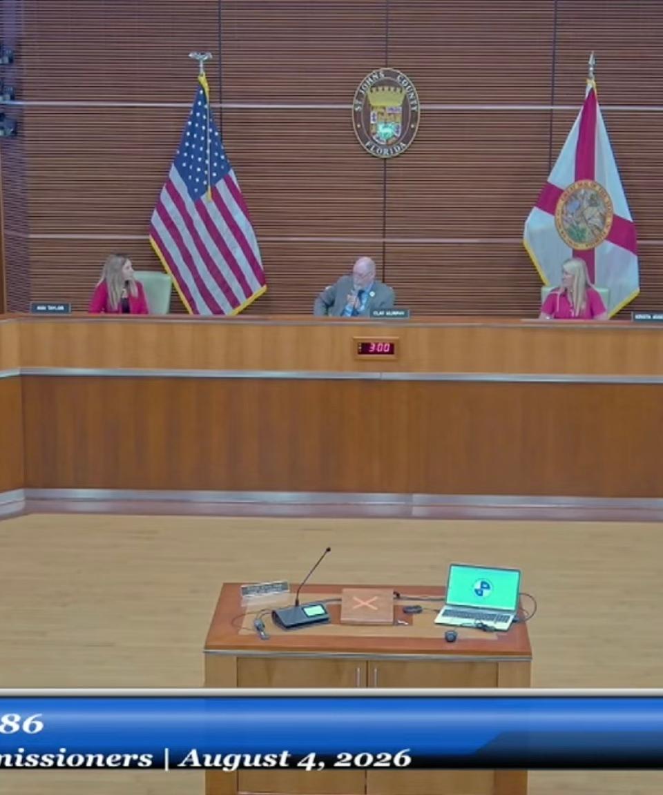 St. Johns County commissioners seated at the dais during the August 4, 2026 Board of County Commissioners meeting.