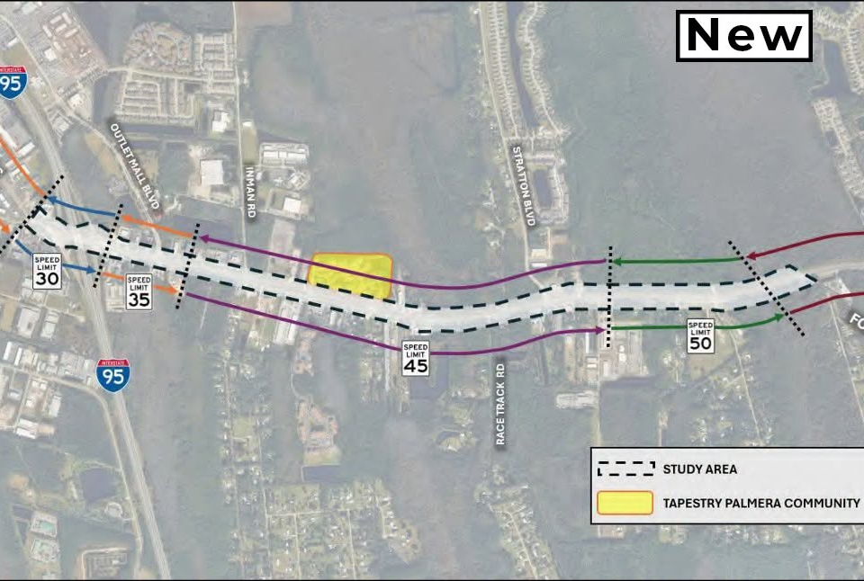 FDOT maps compare existing and new speed limits on SR 16 between I-95 and Four Mile Road.