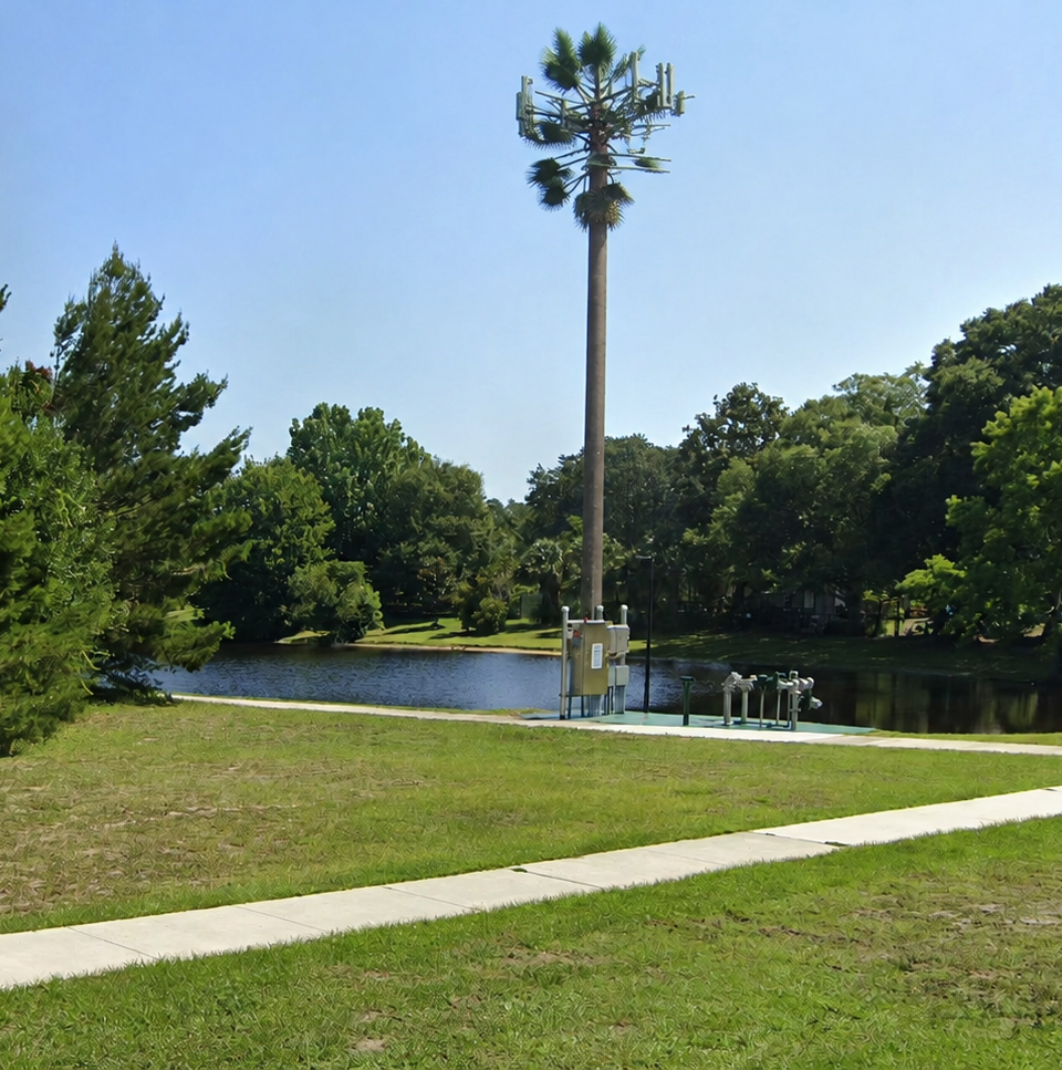 Satirical image of a tall fake palm-tree cell tower beside a pond and utility equipment in St. Augustine Shores.