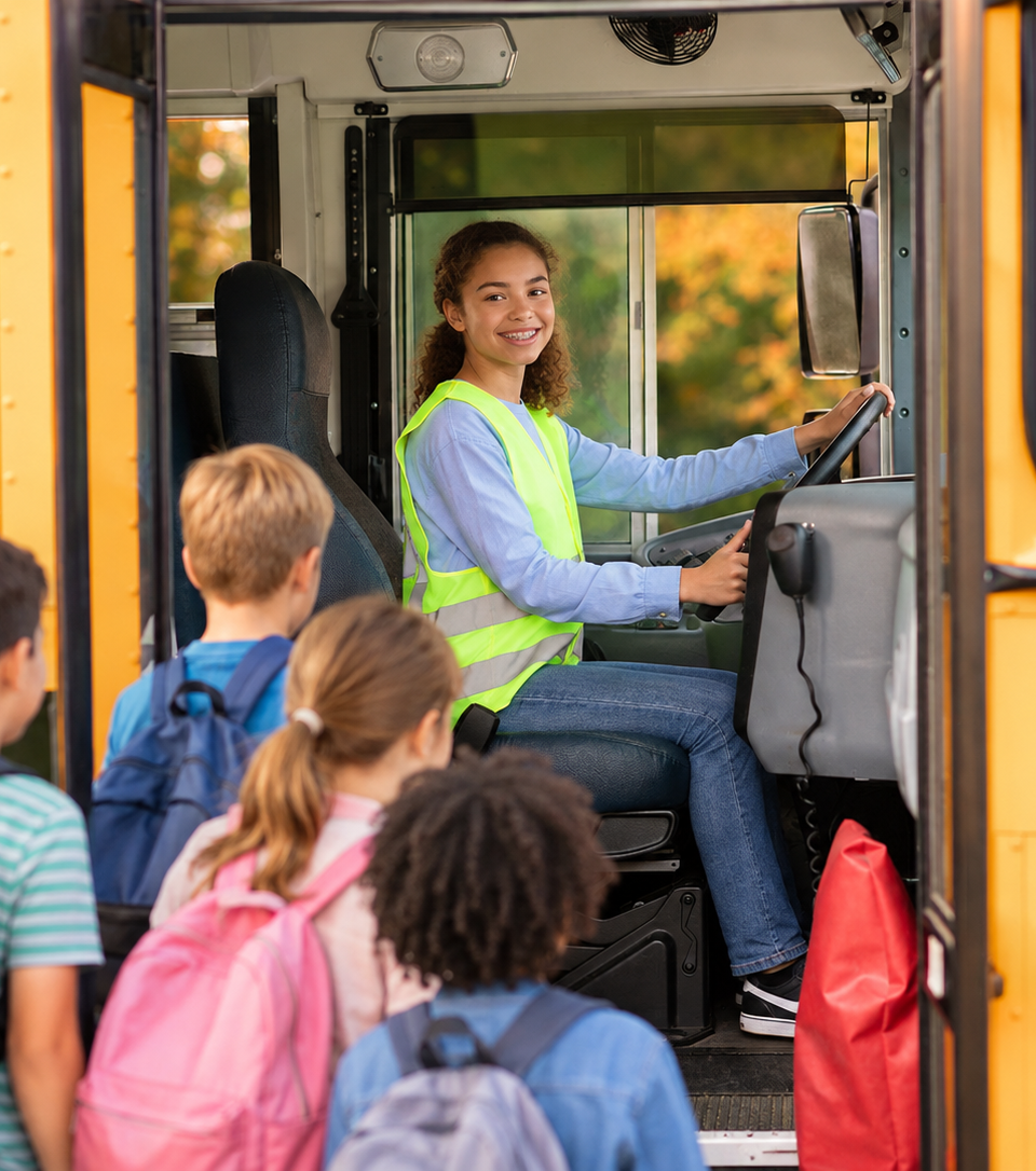 Satirical image of an eighth-grade girl smiling from the driver’s seat of a yellow school bus while younger children with backpacks line up and board.