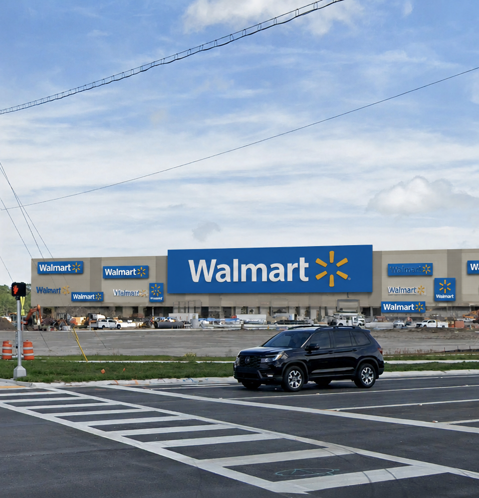 Satirical edited image showing numerous Walmart signs covering the future World Commerce Center Walmart construction site in St. Johns County.