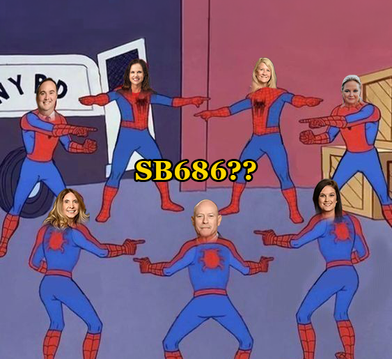 Seven Spider-Man characters pointing at each other in a circle, representing the St. Johns County SB 686 blame game between local officials and lawmakers.
