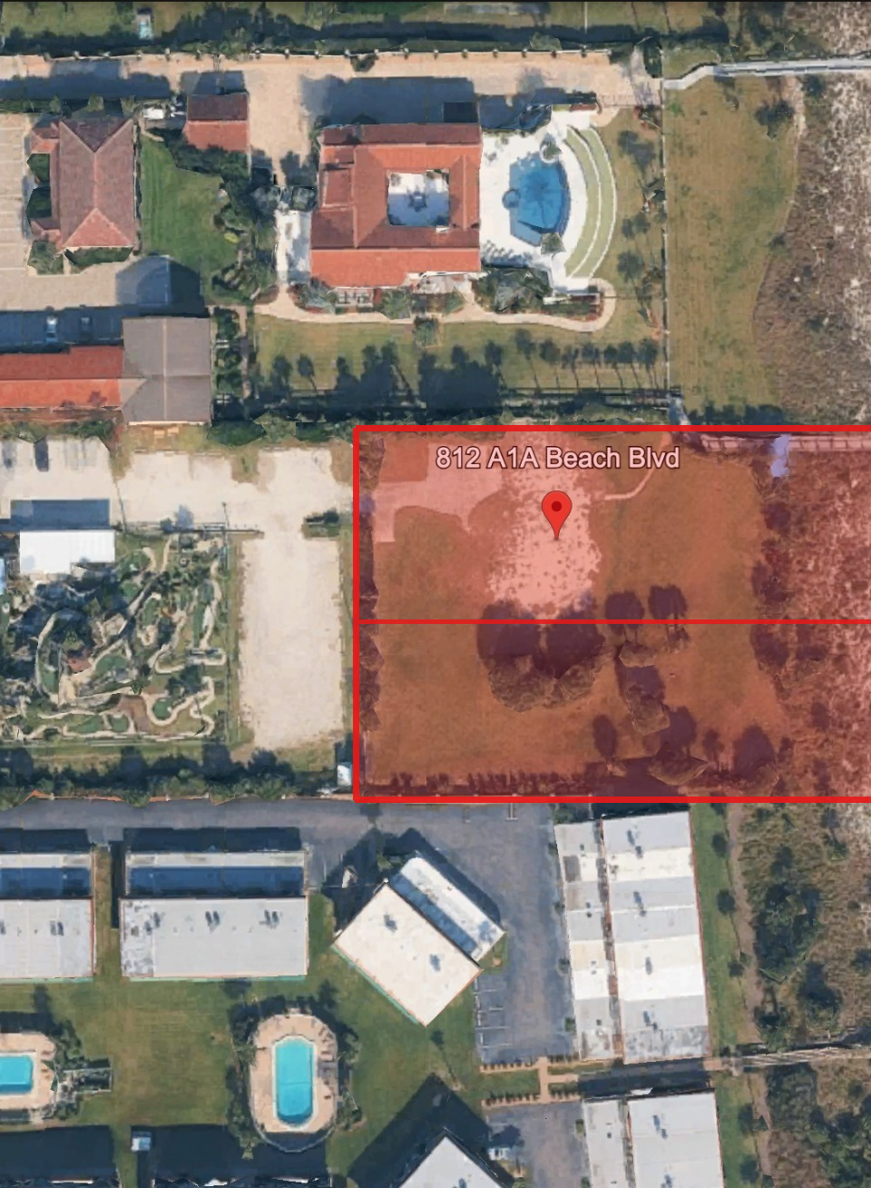 Aerial map highlighting the oceanfront property approved for eight luxury townhomes at 812 A1A Beach Boulevard.
